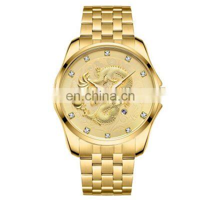 CHENXI 8220 Luxury Diamond Gold Men Watch Quartz Dragon Stainless Steel Analog Display Date Watches