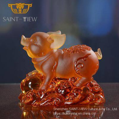 LiuLi Glass Lost-Wax Art Crystal Feng Shui Decoration - Pig Statue Chinese New Year Gift