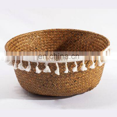 HBK Variety of Sizes Folding Seagrass Nature Rattan Laundry Belly Basket With Handle and Unilaminar Macrame