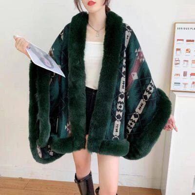Autumn and Winter Large Loose Imitation Rex Rabbit Fur Collar Slit Design Knitted Fur Cape Warm Cloak photo-4