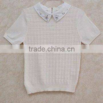 Girl plaid knitting wear shirt-collar short sleeve sweater pullover
