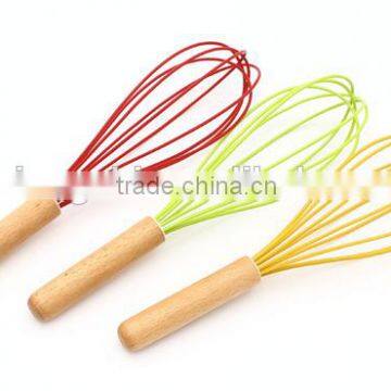 Hot Sale Colorful Silicone Whisk With Wooden Handle Silicone Kitchen Utensils for Blending, Whisking, Beating & Stirring