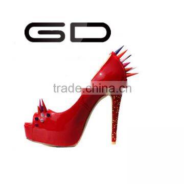 Ladies red thin heel shoes fashion bling rhinestone heel genuine leather shoes for wedding