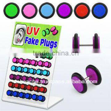 Display with 36 pcs of UV acrylic fake plugs with O-ring in assorted colors - size 8mm