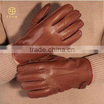 Brown colors super leather driving winter gloves with hand sewing