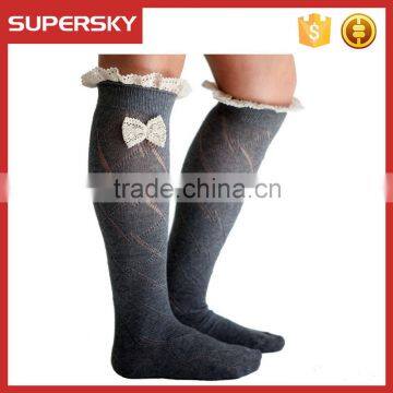 A-31 knitted ruffle lace leg warmers socks knee high boot socks with lace trim knee diamond patterned boot socks