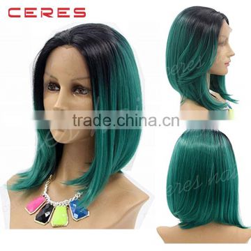 wholesale cheap black to green two tones wig 10" lace front ombre color wig for young lady                        
                                                Quality Choice