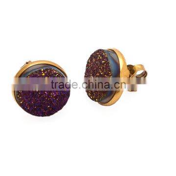 Sparkling Round Purple Druzy Stud Earrings 925 Sterling Silver small gold vermeil earrings