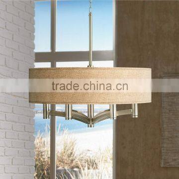 11.5-2 a handsome woven burlap drum shade Sophisticated and bold Woven Burlap Nickel Pendant Chandelier