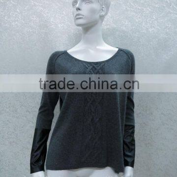 Women's Heavy Knitted Pullover With Cable and Leather Sleeve
