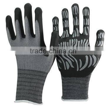 NMSAFETYanti slip 13 gauge nylon and spandex liner coated balck foam nitrile and grey nitrile stripes on palm safety work gloves