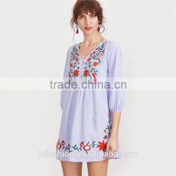 2017 Summer Women Clothing Factory Embroidered Blue Striped V Neck Button Front Lantern Sleeve Boho Dress photo-2