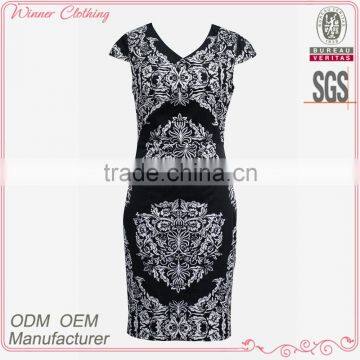 chinese style print pattern dress/big v-neck cap sleeve slim long cotton dress