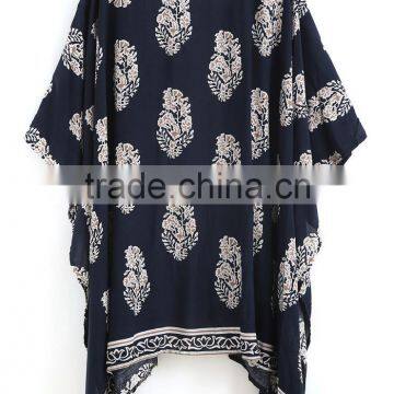 2017 Women Casual Navy Vintage Floral Loose Kimono With Asymmetrical Hem Ladies Summer Beachwear photo-2