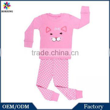 Small MOQ 2015 Fashion High Quality Pink Children Clothing Factory Long Sleeve Cotton Cute Cat Face Printed Kids Pajamas