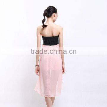 2017 New Fashion Patchwork Chiffon Skirt Black Leather Tube Top