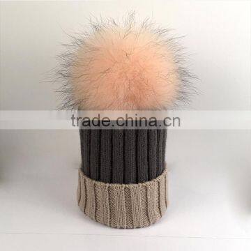 Myfur Hot Sale Ladies Winter Raccoon Fur Ball Attached Knitting Beanie Hat