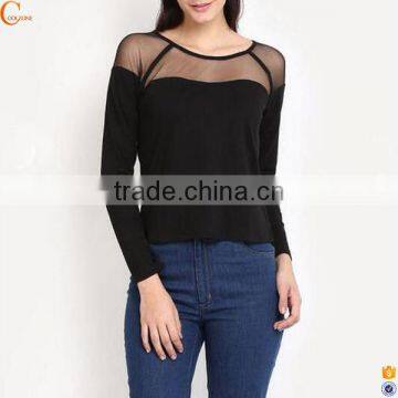 Two-color long sleeve t-shirt skin tight t shirt with net design