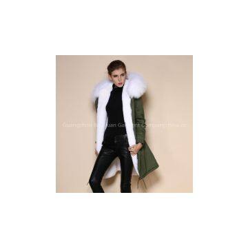 Latest Desig Army Green Cotton Shell Long White Fur Coat for Women