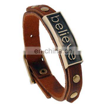 Antique Brass Believe Letter Carved Men Genuine Leather Bracelet