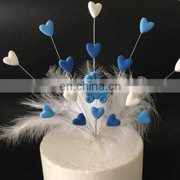 Unique Design Baby Birthday Party Decoration Clay Baby Carriage Heart Shaped With Feather Cake Topper