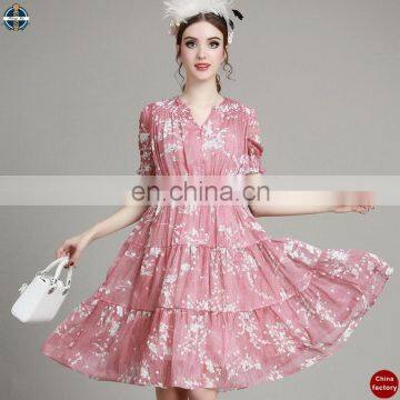 T-D067 High Quality Casual Floral Chiffon Big Swing Women Dress