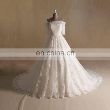 Princess Style A- Line Lace 3/4 Sleeve Wedding Dress Long Gorgeous Tail