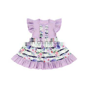 Light Purple Flutter Sleeve Girl Dress Stripe and Flower Pattern Short Sleeve Beautiful Dresses For Baby Girl photo-2