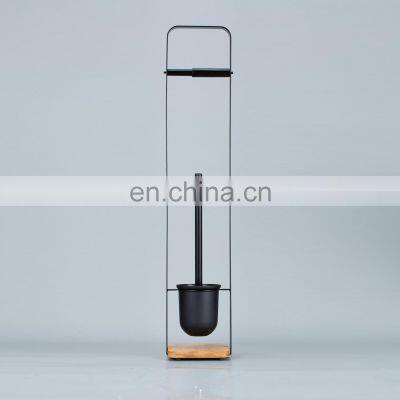 Multifunctional Powder Coating Black Bamboo Standing Toilet Roll And Toilet Brush Holder Set photo-2
