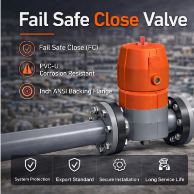 Рубероидно-винилхлоридный (PVC-U) диафрагменный клапан с автоматическим закрытием в аварийной ситуации, с фланцем по стандартам ANSI, дюймовый, для водоочистки