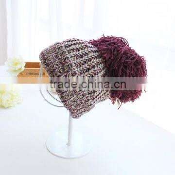 Autumn Winter Popular Colorful Yarn Knitting Large Pom Pom Beanie Hat Women