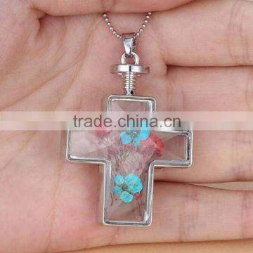 Pressed Flower Multi-Colored Cross Pendant Necklace