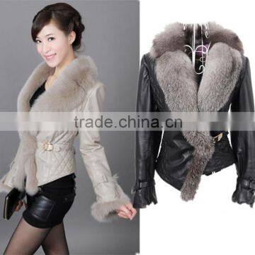 2016 hign quality faux fox fur collar leather jacket