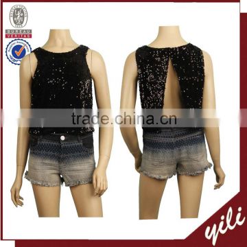 Plain black color mini T-shirt sleeveless women sequin vest