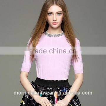 Lady's Knit Round-neck With Beads 3/4 Sleeve Pullover photo-4