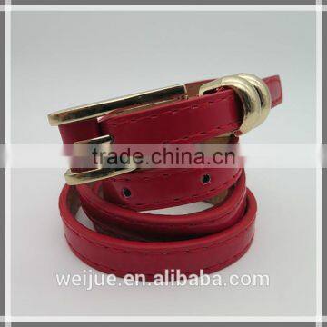 Gold Plated Alloy Buckle Leather Girl's Red Skinny Belt