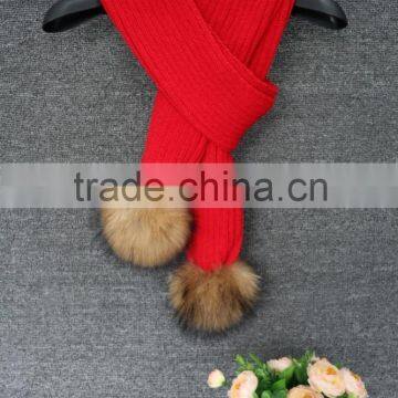Acrylic Striped Jacquard Scarf Raccoon fur Pompom Custom Unisex Winter Warm Knitting Scarfs
