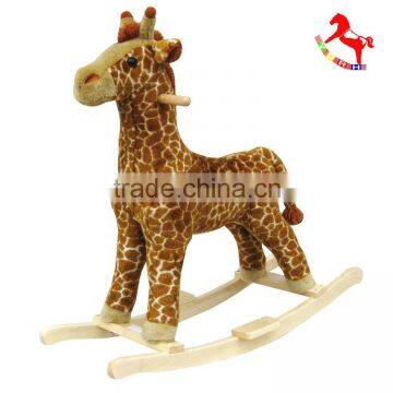 playful plush rocking horse brown penny the Giraffe with sound on wooden base