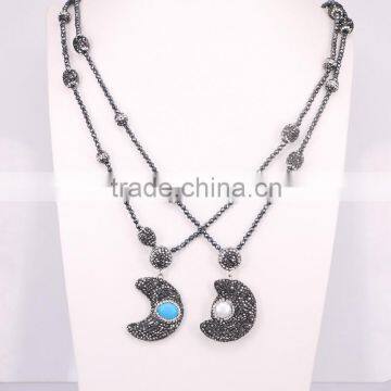 Pave Crystal Beads Hematite Beaded Necklace, Crescent shape Pearl Turquoise Gem stone Pendant Necklace, Charm Jewelry