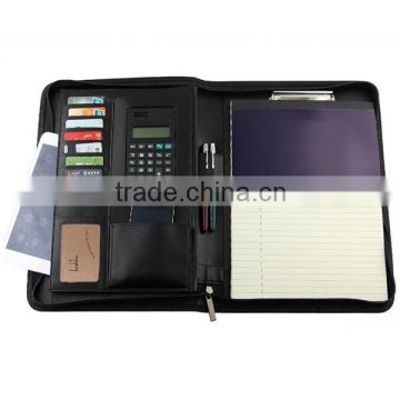 Boshiho awesome gift High quality A4 zip pu leather portfolio/leather file folder with calculator