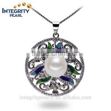 11-12mm big size round circle zircon micro inlaid pure natural pearl pendant