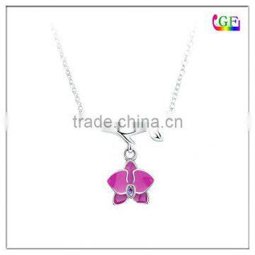 Rhodium Plated pink enamel star Branches Pendant Necklace