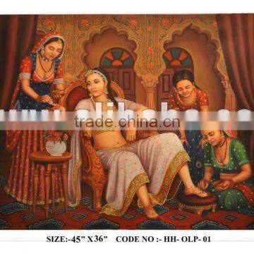 Handmade Oil canvas Painting Art Gallery India Artist Indian Queen Royal Palace Antique Vintage