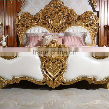 Royal Place Gold Leaf Finished Full Solid Wood Carving Bed, Arabic Golden Style Bedroom Furniture(MOQ=1 SET) photo-5