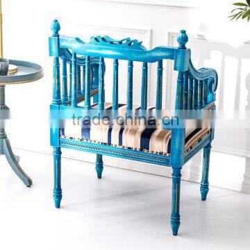 Antique Handmade Solid Wood Square Back Carving Armchair Painted in Vintage Blue and With Striped Fabric BF12-03294b photo-2