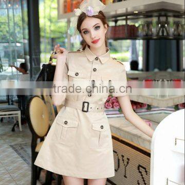 Ladies European Style Short Sleeve Brown Color Lapel Collar Short Military Woman Coat Dress