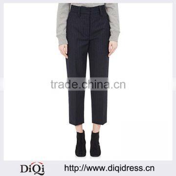 Customized Lady's Apparel Navy Back-pocket Pinstriped Wool Crop Trousers(DQM029P)