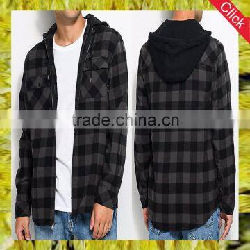 Wholesale fancy latest shirt designs for men cotton check shirts with drawstring hooded flannel shirt Guangzhou clothing