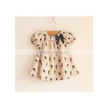 2016 New Style Fashion Kids Clothes Dresses For Kids Fancy Designs Baby Girls Casual Printed fawn Dress with bowknot