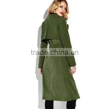 Army Green Open Front Self Belted Below Knee Lady's Winter Trench Coat photo-3